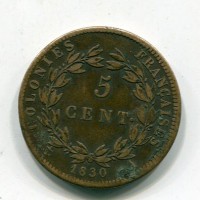 Colonie Francesi, Carlo X (1824-1830): 5 cent.1830 coniato per la  Guadalupa (Gadoury#302)