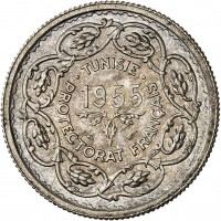 Tunisia, Protettorato Francese, Muhammad al-Amin Bey (1362-1376/1943-1957): essai sul modulo da 10 franchi 1955 (Leclerc#353), soli 1703 pezzi coniati, delicata patina