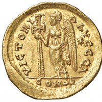 Basilisco (475-476 d.C.): solido "VICTORIA AVGG", zecca di Costantinopoli (RIC,X#1003), grammi 4.43