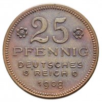 Germania, Guglielmo II (1888-1918): 25 pfennig 1908-D -PROVA- (Schaaf#18/G27; Slg Beckenbauer#3158), grammi 4,00