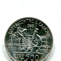 Repubblica Italiana: 1989, 500 lire "Lotta Contro Il Cancro", da confezione zecca