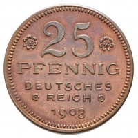 Germania, Guglielmo II (1888-1918): 25 pfennig 1908-D -PROVA- (Schaaf#18/G5; Slg Beckenbauer#3130), grammi 4,01