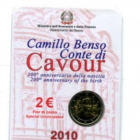 Italia 2010: 2 euro commemorativi "200° Anniversario della nascita di Camillo Benso Conte Di Cavour", nel folder originale