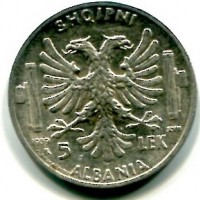 Albania, Vittorio Emanuele III (1939-1943): 5 lek 1939-XVII (Gigante#2)
