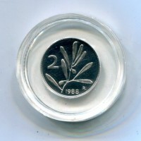 Repubblica Italiana (dal 1946): 2 lire 1988 "Olivo", da confezione zecca