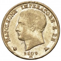 Milano, Napoleone I (1804-1814): 20 lire 1809, lettera M del marchio di zecca un po' sovrapposta alla cifra 0 della data (Gigante#72b)