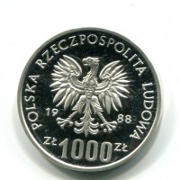 Polonia, Repubblica Popolare (1952-1989): 1000 zlotych 1988 -PROVA- "Mondiali di calcio - Italia '90" (KM#PR581)
