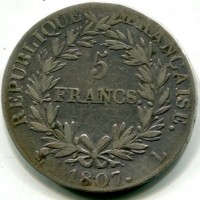 Francia, Napoleone I (1799-1814): 5 franchi 1807-L (Gadoury#581)