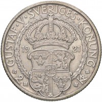 Svezia, Gustaf V (1907-1950): 2 kronor 1921 "400° anniversario delle libertà politiche" (KM#799)