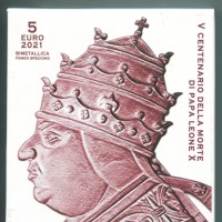 Vaticano 2021: 5 euro "V Centenario della Morte di Papa Leone X", nella sua confezione
