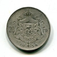 Belgio, Leopoldo III (1934-1950): 20 franchi 1934 "Legenda Francese"  (KM#103.1)
