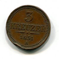 Austria, Francesco Giuseppe (1848-1916): 3 kreuzer 1851-A (KM#2193), colpi