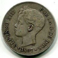 Spagna, Alfonso XIII (1886-1931): 5 pesetas 1897 (97) SG-V (KM#707)
