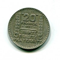 Francia, Terza Repubblica (1871-1940): 20 franchi 1933, rami corti (Gadoury#852)