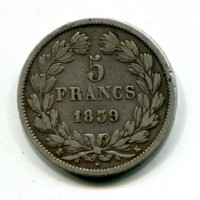Francia, Luigi Filippo (1830-1848): 5 franchi 1839-K (Gadoury#678)
