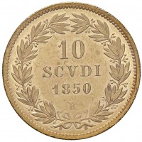 Roma, Pio IX (1846-1870): 10 scudi 1850-IV (Gigante#1), sigillata da Emilio Tevere in conservazione qFDC, sicuramente uno dei migliori esemplari conosciuti