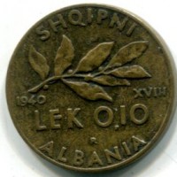 Albania, Vittorio Emanuele III (1939-1943): 0,10 lek 1940-XVIII (Gigante#15)
