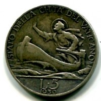 Vaticano, Pio XI (1929-1938): 5 lire 1930-IX (Gigante#21)
