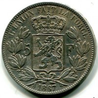 Belgio, Leopoldo II (1865-1909): 5 franchi 1867 (KM#24)
