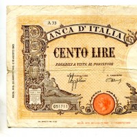 Regno, Vittorio Emanuele III: 100 lire 23/08/1943 "Grande B" (GiganteBI#22A), strappetti
