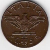 Vittorio Emanuele III (1900-1943): 5 cent. 1936-XIV "Impero" (Gigante#284)
