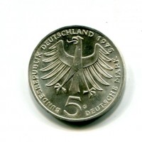 Germania, Rep. Federale (dal 1949): 5 marchi 1975-G "Albert Schweitzer" (KM#143)