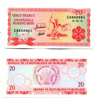 Burundi: 20 franchi 01/10/1991 (Pick#27c)
