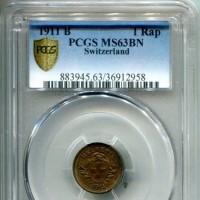 Svizzera, Confederazione: 1 rappen 1911, in slab PCGS MS63BN
