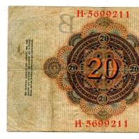Germania: 20 marchi 21/04/1910 (Pick#40b), 7 cifre, no filigrana
