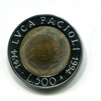 Repubblica Italiana (dal 1946): 500 lire 1994 "Luca Pacioli", da confezione zecca