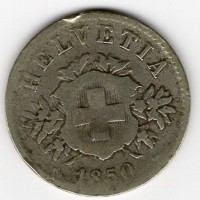 Svizzera, Confederazione: 20 centesimi 1850, colpo al bordo
