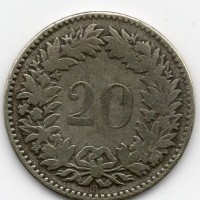 Svizzera, Confederazione: 20 centesimi 1850, colpo al bordo
