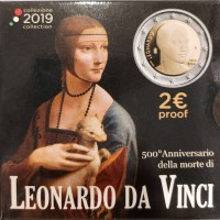 Italia 2019: 2 euro commemorativo "500° Anniversario della morte di Leonardo da Vinci" PROOF, nella confezione ufficiale. Sempre più ricercato