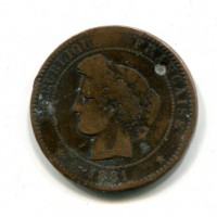 Francia, Terza Repubblica (1871-1940): 10 centesimi 1881-A  (Gadoury#265a), macchia