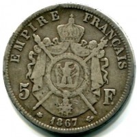 Francia, Napoleone III (1852-1870): 5 franchi 1867-A (Gadoury#739)

