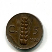 Vittorio Emanuele III (1900-1943): 5 cent. 1922 "Spiga" (Gigante#268)