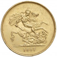 Gran Bretagna, Vittoria (1837-1901): 5 sterline 1887 (Friedberg#390), grammi 39.97