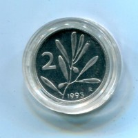 Repubblica Italiana (dal 1946): 2 lire 1993 "Olivo", da confezione zecca