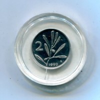 Repubblica Italiana (dal 1946): 2 lire 1990 "Olivo", da confezione zecca
