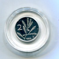 Repubblica Italiana (dal 1946): 2 lire 1989 "Olivo", da confezione zecca