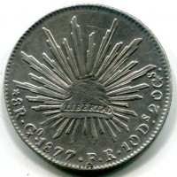 Messico, Repubblica Federale (1823-1905): 8 reales 1877-Go-F.R (KM#377.8), zecca Guanajuto
