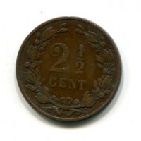 Olanda, Guglielmo III (1849-1890): 2 1/2 cent.1880 (KM#108.1)
