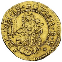 Genova, Dogi Biennali, III fase (1637-1797): 1/2 doppia 1651-IBN (MIR#--; Lunardi#--; CNI#--), grammi 3.43. In slab NGC AU58. Moneta INEDITA mancante in tutta la bibliografia !