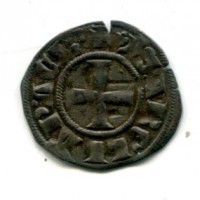Ducato di Acaia, Isabelle di Villendhovin (1297-1301): denaro tornese, zecca di Corinto (Malloy#15b)
