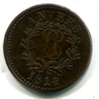 Francia, Luigi XVIII, Assedio di Anversa (feb.-mag. 1814): 10 cent. 1814 (Gadoury#194c), conio medaglia, bordo liscio.

