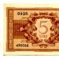 Luogotenenza: 5 lire 23/11/1944 "Atena Elmata" (Gigante,BS#14B)
