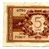 Luogotenenza: 5 lire 23/11/1944 "Atena Elmata" (Gigante,BS#14C)
