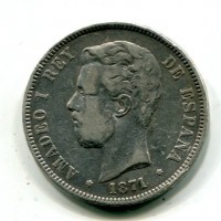 Spagna, Amedeo I (1871-1873): 5 pesetas 1871(71)-SDM (KM#666), macchia al R/
