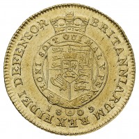 Gran Bretagna, Giorgio III (1760-1820): 1/2 ghinea 1809 (Spink#3737, Friedberg#355), grammi 4.19. Fondi lucenti ed elevata qualità, la foto non rende onore.