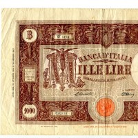 Repubblica: 1.000 lire 12/10/1946 "Grande M" (Gigante,BI#51C), forellini, strappi, macchia

